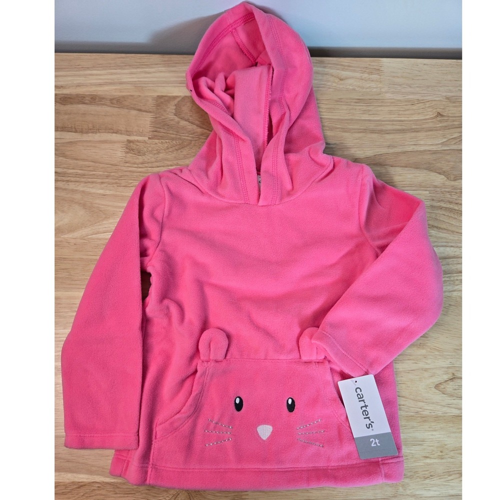 Carters Toddler Girls Pink Fleece Cat Hoodie 2T NWT 253H176 Pullover Sweatshirt